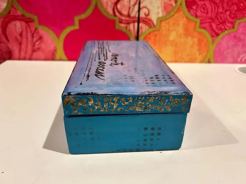 Hand Painted Blue and Purple Wooden Keepsake Box with Remote Access Calligraphy